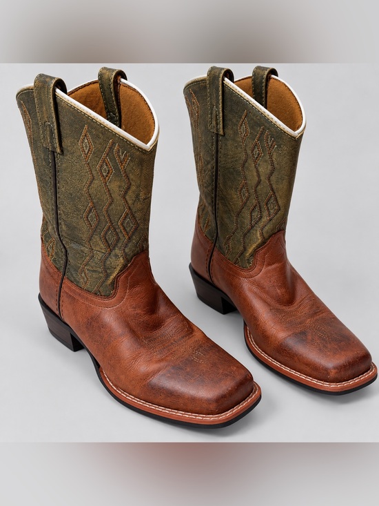 Dan Post Boot Company Other - Dan Post Youth Brown & Olive Green Embroidered Square Toe Cowboy Boots Youth 5D